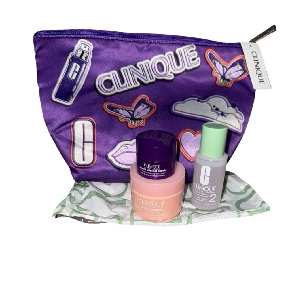 NWT Clinique Skin care bundle with new Purple Clinique Cosmetic Bag!